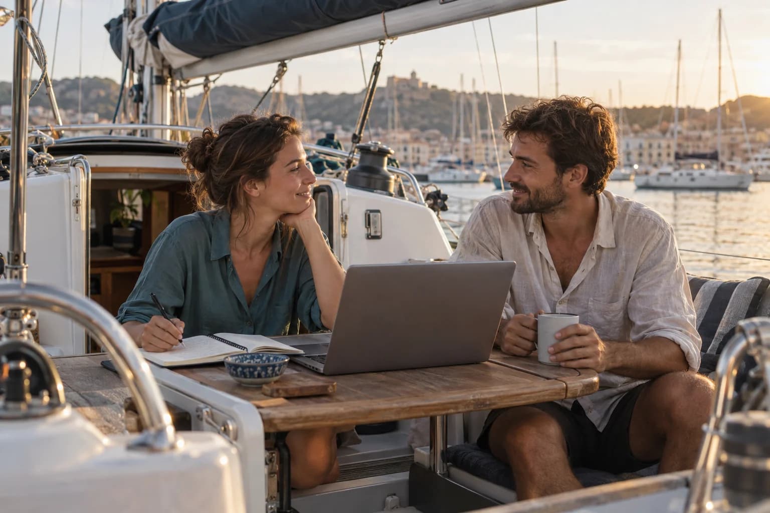 A couple at a yacht cockpit table with a laptop and notebook — AI concept image.